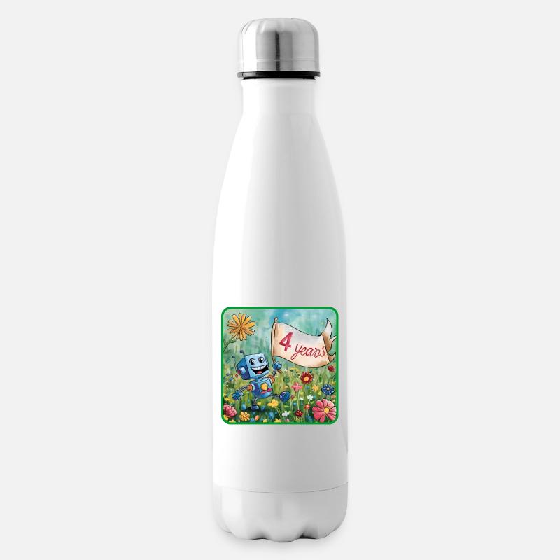 4 Jahre, 4. Geburtstag Roboter auf Blumenwiese - Isolierflasche - Weiß