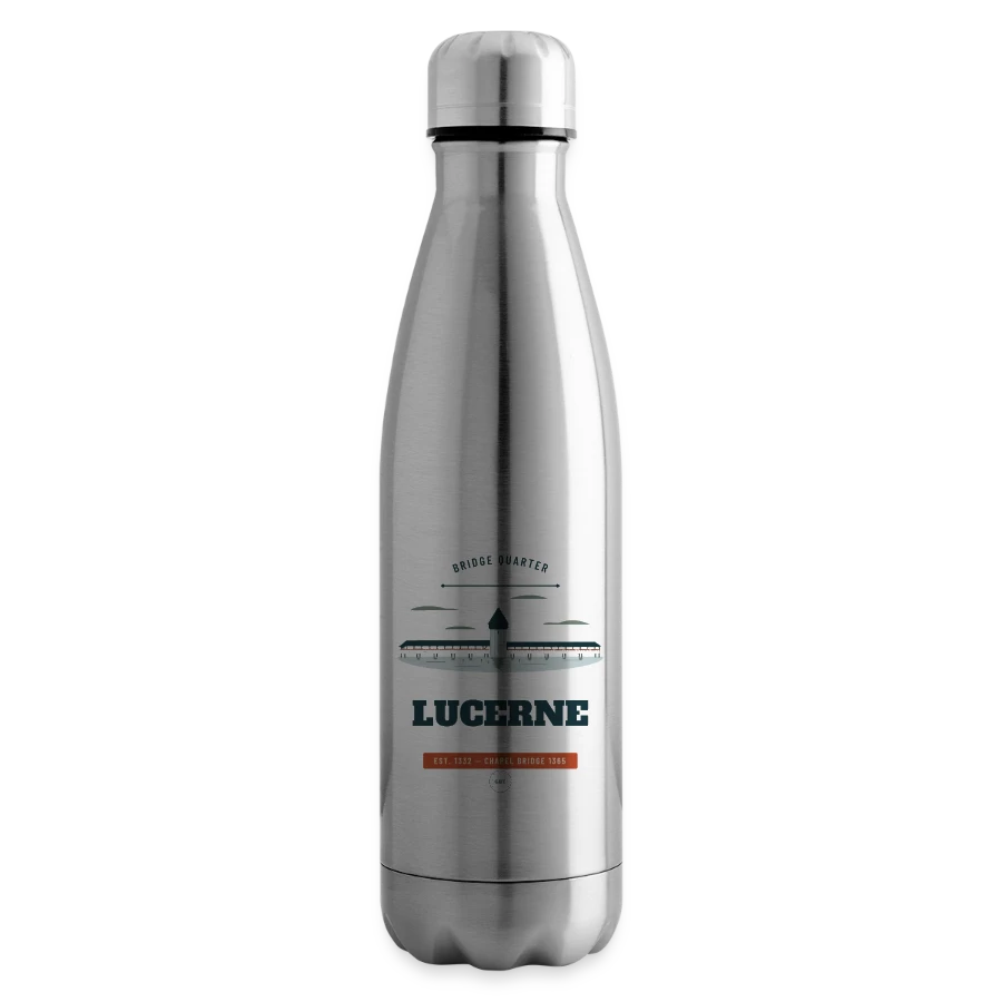 Lucerne badge on a insulated water bottle, silver