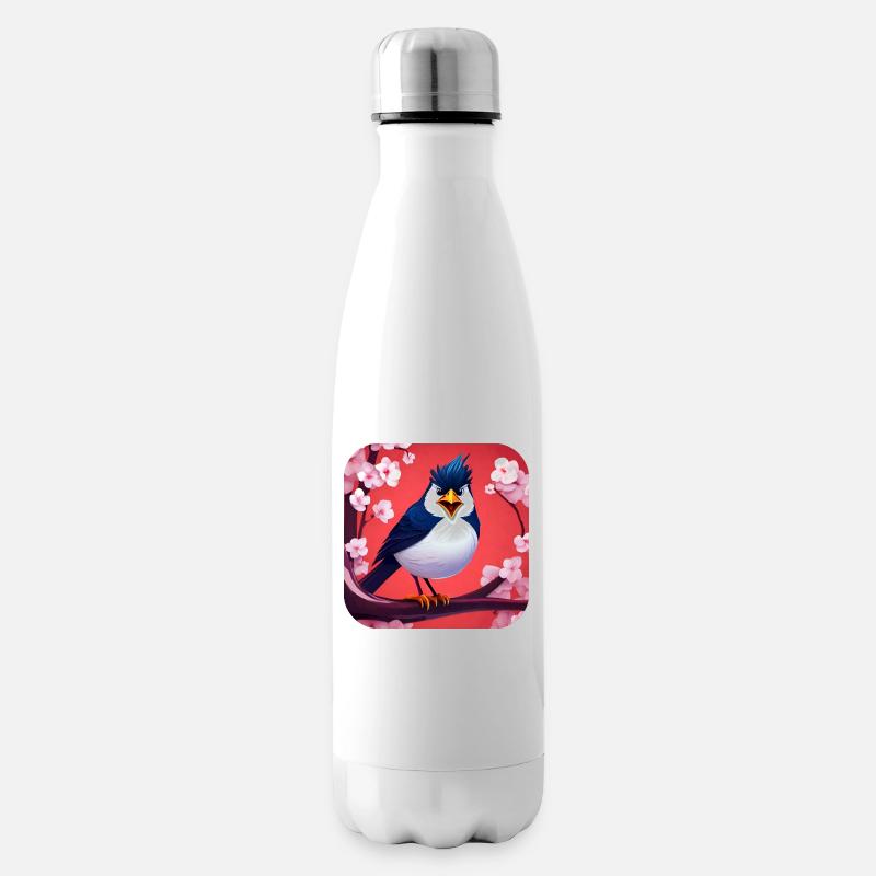 Drôle de petit oiseau avec des fleurs de cerisier - Bouteille isotherme - blanc