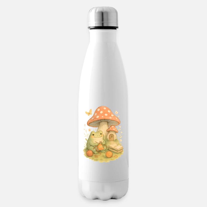 Knitting frog in front of toadstool house - Insulated Water Bottle - white