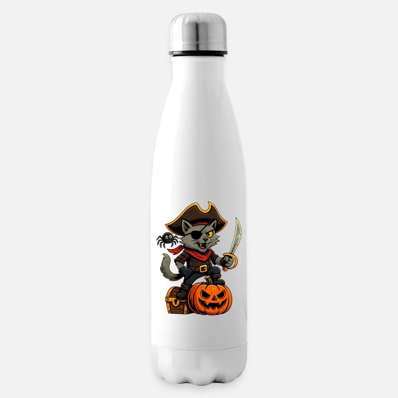 Chat pirate avec citrouille, coffre au trésor et araignée - Bouteille isotherme - blanc