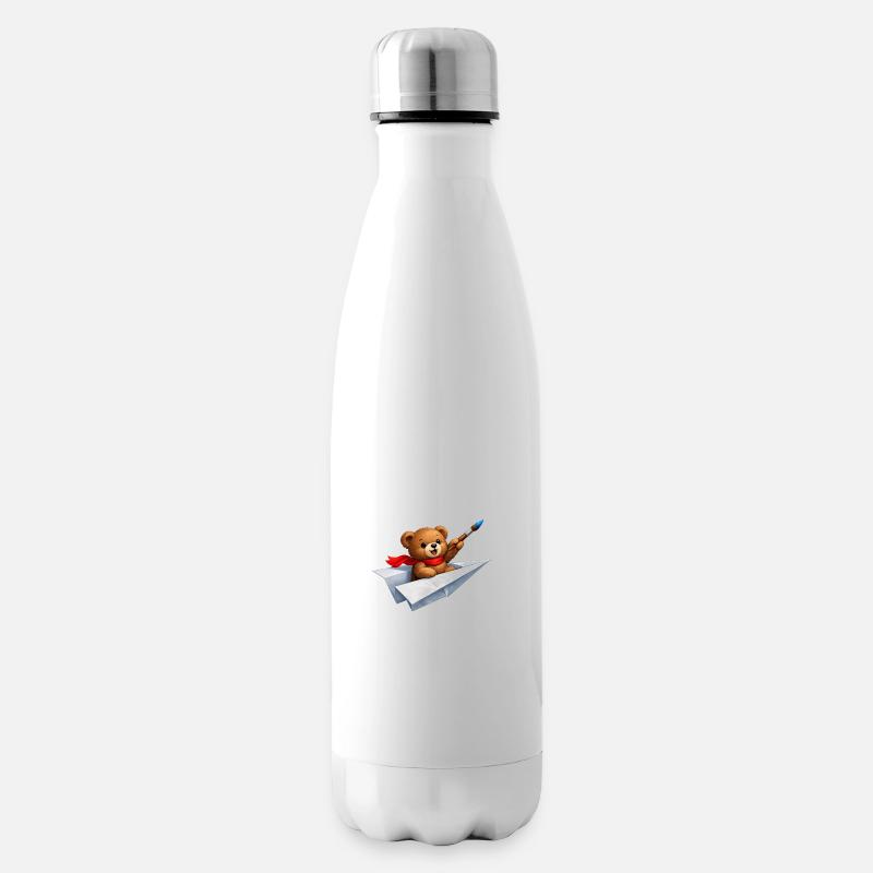 Bär mit Pinsel auf Papierflugzeug  - Isolierflasche - Weiß