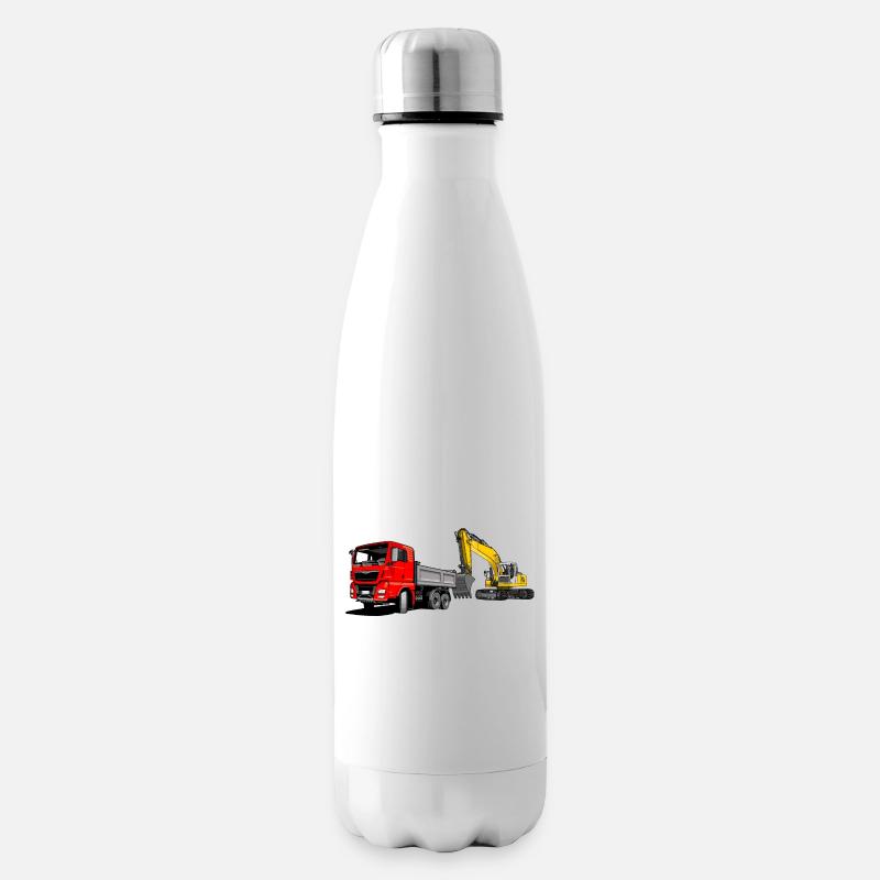 Lastauto mit Bagger - Isolierflasche - Weiß