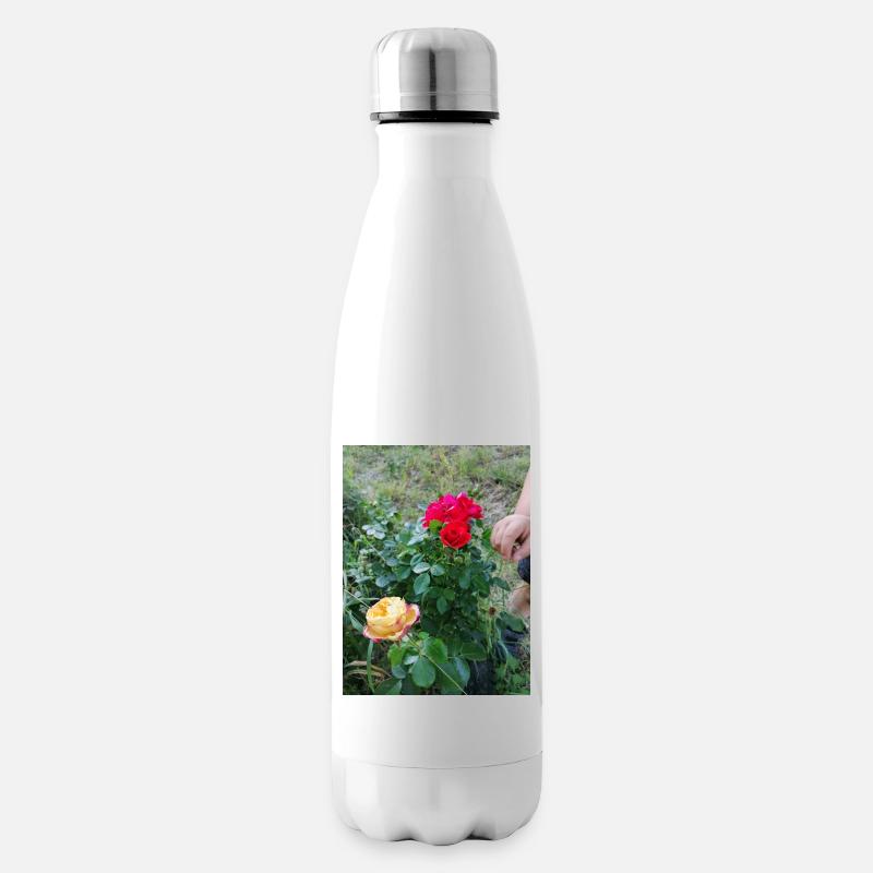 1 rote Rose und 1 gelbe mit kleiner Hand - Isolierflasche - Weiß
