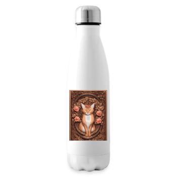 Gravure sur bois d’un chat avec des roses - Bouteille isotherme - blanc - Droite