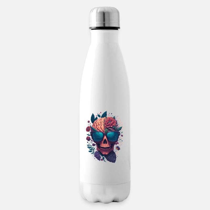 Skull and Flowers, Schädel mit Brille - Isolierflasche - Weiß