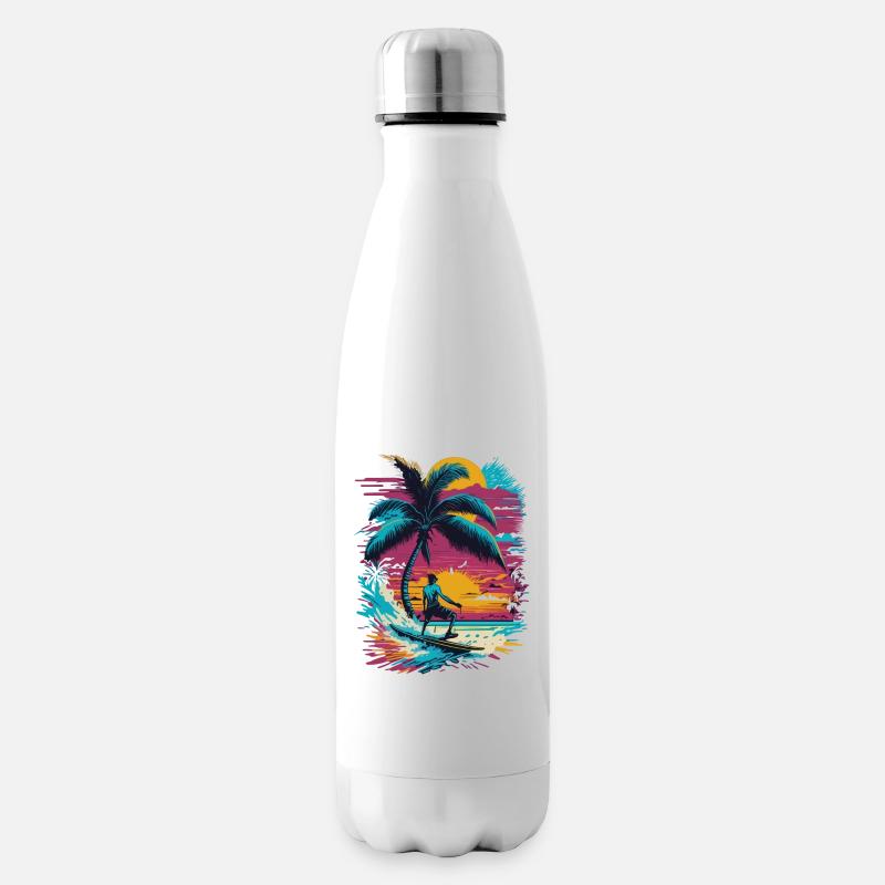 Sommer Sonne Palmen Strand Insel Surfbrett - Isolierflasche - Weiß