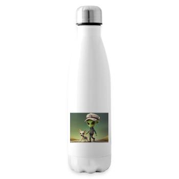 cute little green retro alien take the dog out - Insulated Water Bottle - white - Right