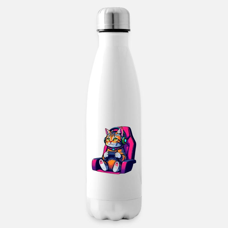Retro Gamer Cat with Headset and Controller - Insulated Water Bottle - white