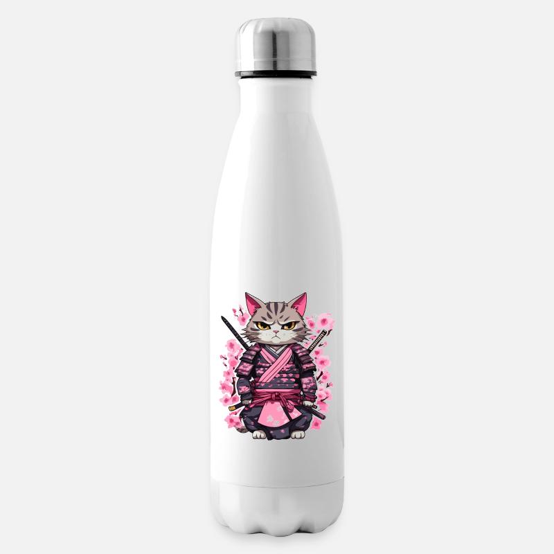 Chat samouraï & fleurs de cerisier #7 - Bouteille isotherme - blanc