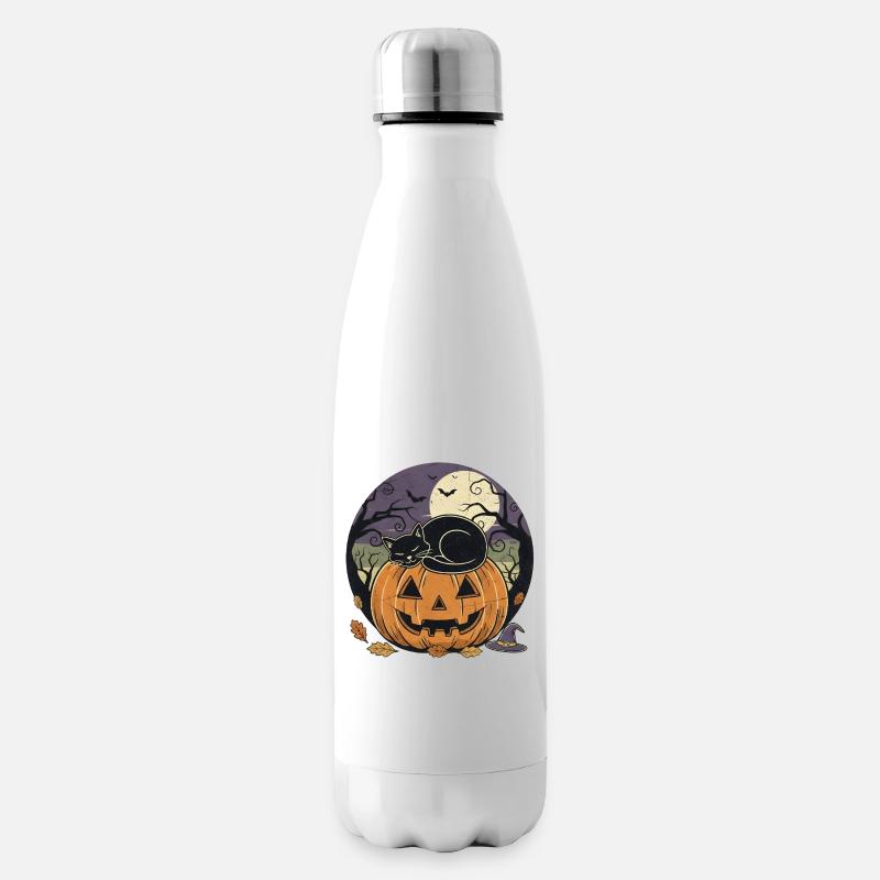 Schwarze Katze schläft auf Jack-o Laterne | Halloween - Isolierflasche - Weiß