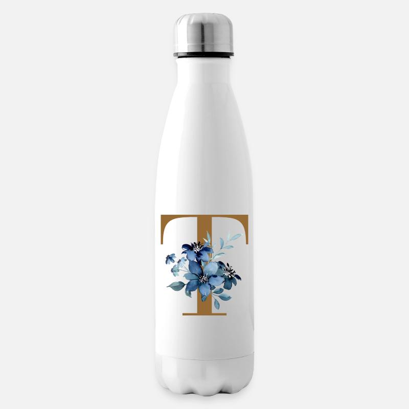 Blaues Blütenmonogramm T - Isolierflasche - Weiß
