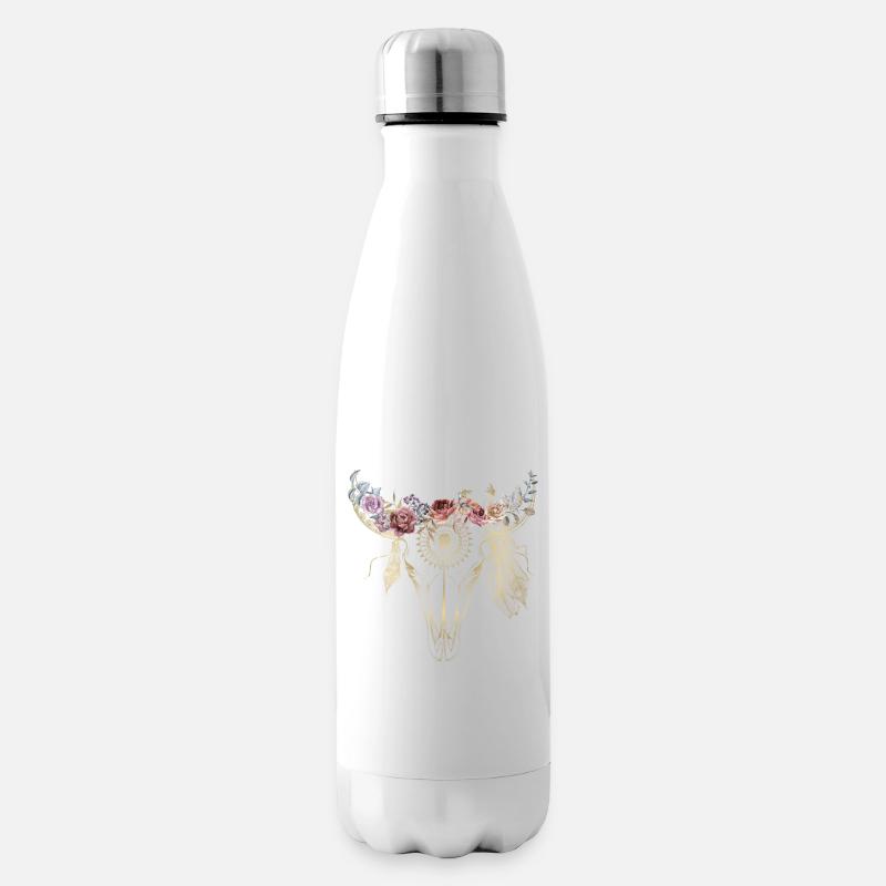 Boho Style / Blumen / Skull / Design - Isolierflasche - Weiß