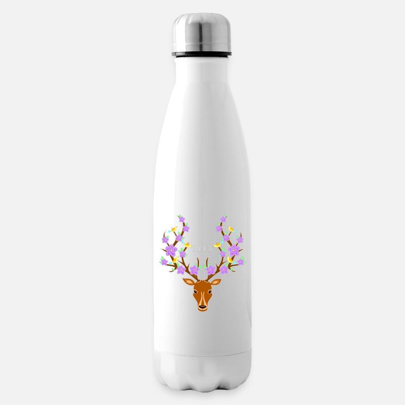 Blumenreicher Hirsch mit Vogelakzenten - Isolierflasche - Weiß