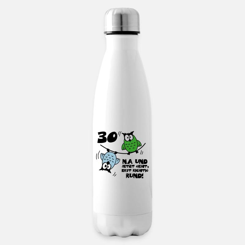 Geburtstag 30, Eulen am Drahtseil, rund - Isolierflasche - Weiß