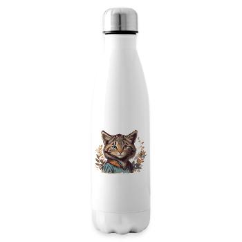 A wild cat with a jacket and flowers - Insulated Water Bottle - white - Right