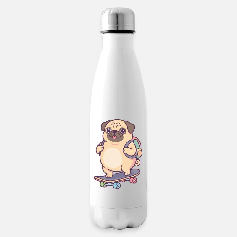 Pug Skateboard Backpack - Insulated Water Bottle - white