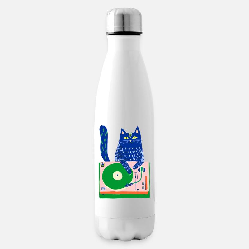 Blue Cat DJ on Whimsical Turntable - Insulated Water Bottle - white