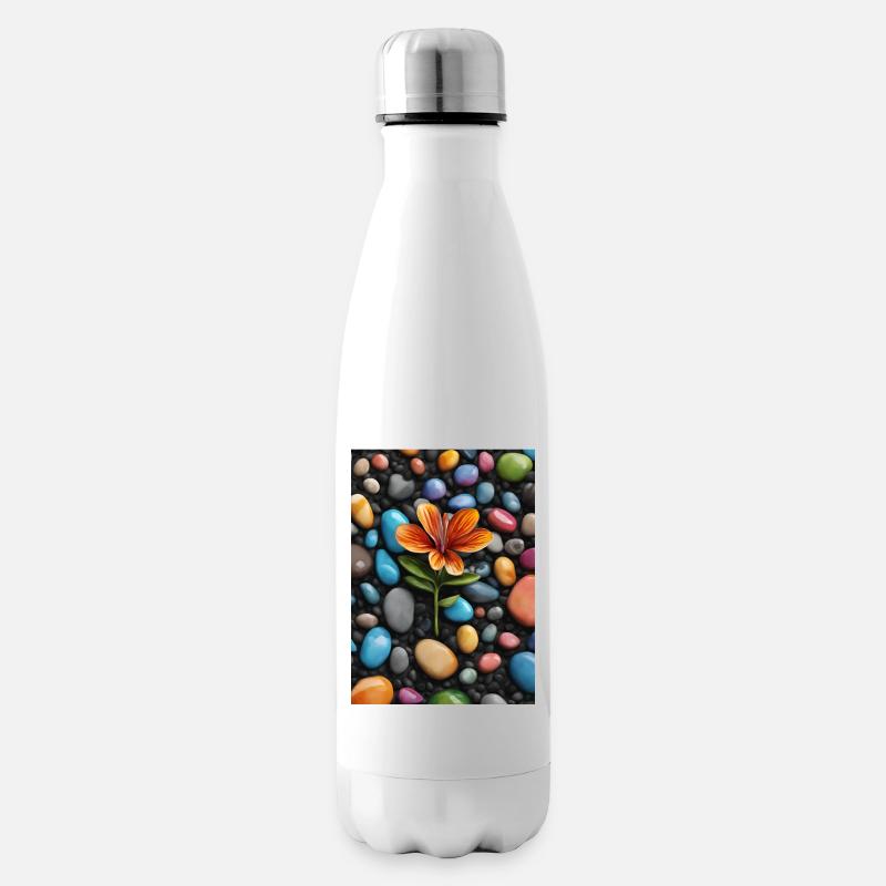 Une fleur au milieu de galets de couleurs - Bouteille isotherme - blanc
