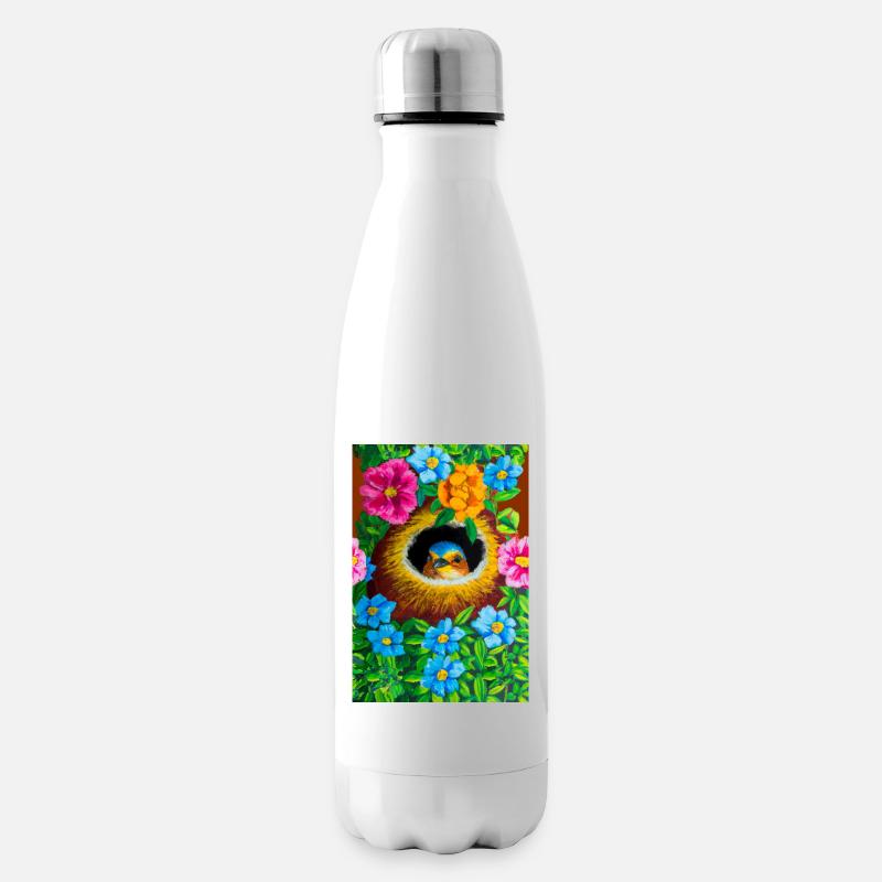 Oiseau dans son nid entouré de fleurs - Bouteille isotherme - blanc