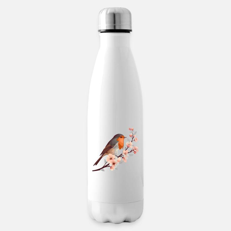 Rouges-gorges en fleurs de cerisier - Bouteille isotherme - blanc