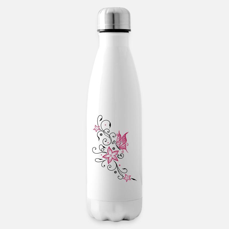 Blumen mit floralem Ornament und Schmetterling - Isolierflasche - Weiß