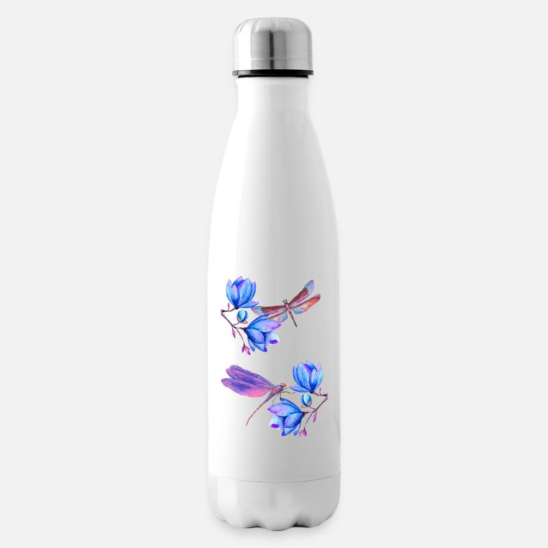 Libellen fliegen zwischen blauen Blumen - Isolierflasche - Weiß