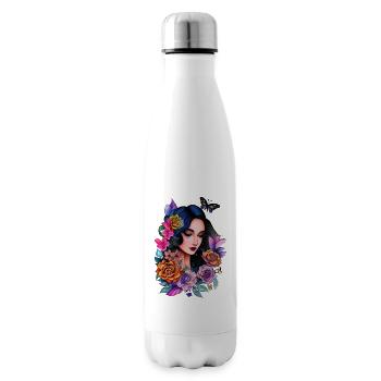 Butterfly Flower Girl - Tattoo Pinup Illustration - Insulated Water Bottle - white - Right