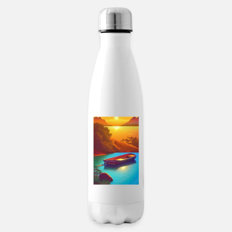 Landschaft mit See, Boot und Berge - Isolierflasche - Weiß