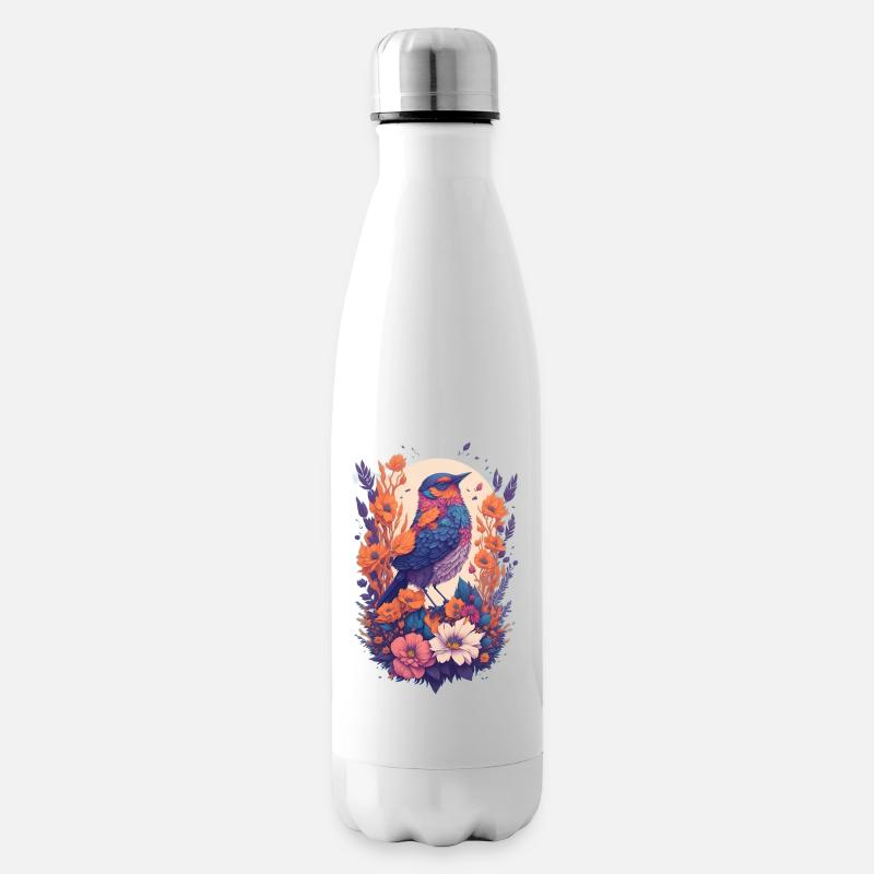 Vogel im Blumenbouquet - Isolierflasche - Weiß