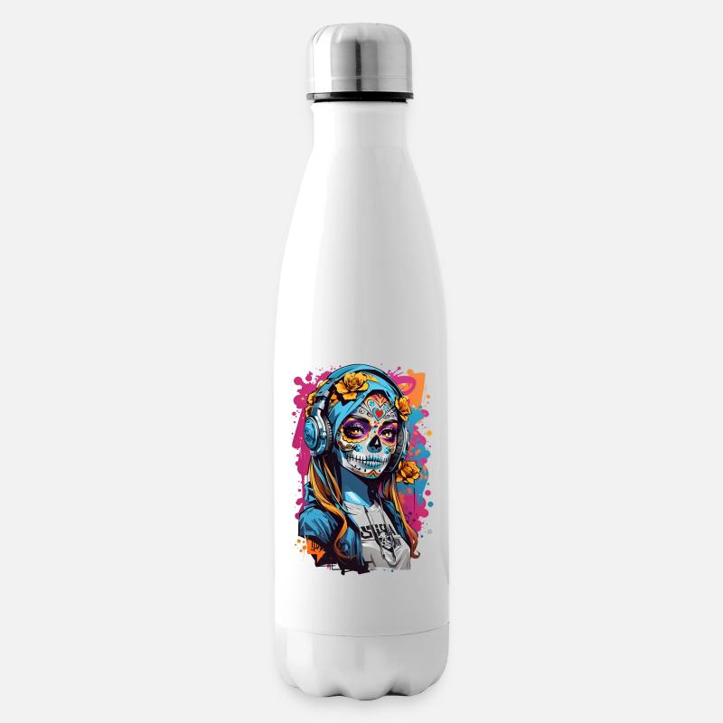 Totenkopfmädchen mit Kopfhörern - Isolierflasche - Weiß