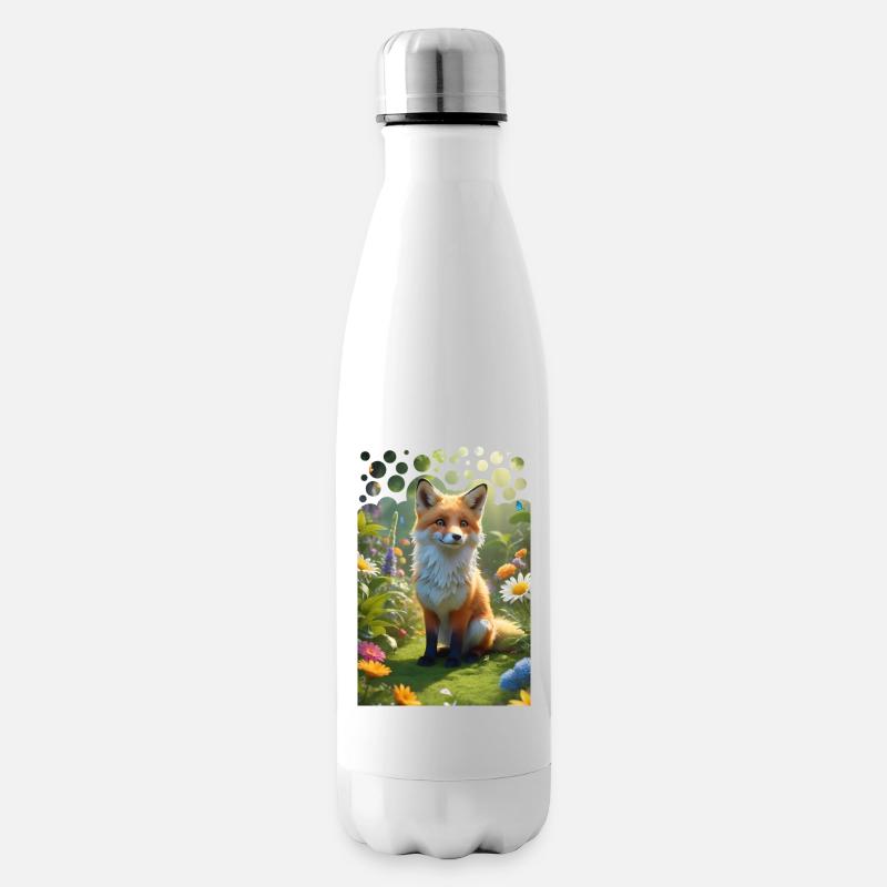 Frecher süßer Fuchs auf einer Wiese mit Blumen - Isolierflasche - Weiß