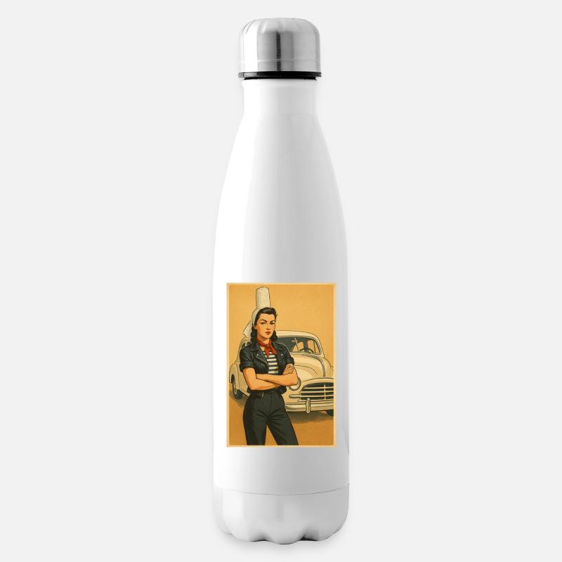 Femme rétro et auto vintage - Bouteille isotherme - blanc