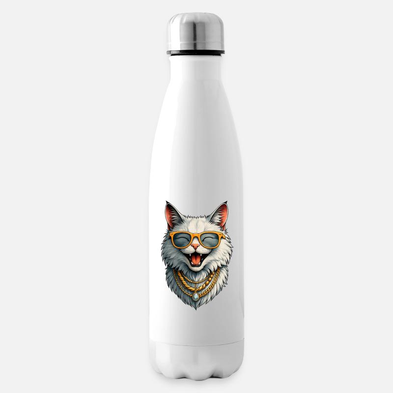 Chatte heureuse - Lunettes de soleil et chaînes en or - Bouteille isotherme - blanc