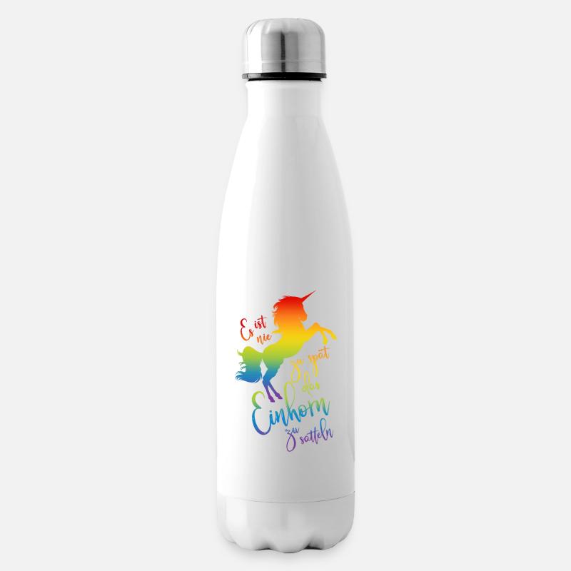 Einhorn satteln Spruch Regenbogen Silhouette bunt - Isolierflasche - Weiß