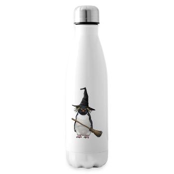 Drôle Halloween Pingouin Sorcière avec Balai Dessin animé - Bouteille isotherme - blanc - Droite