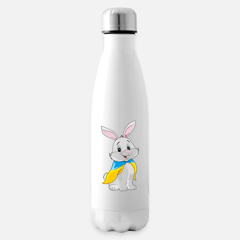 Un mignon lapin souriant porte un drapeau ukrainien - Bouteille isotherme - blanc
