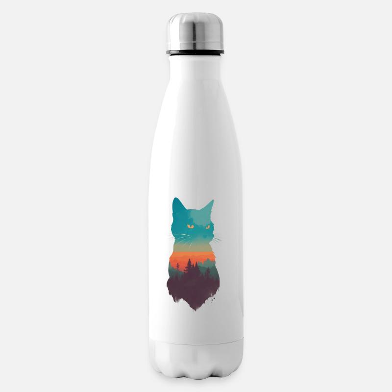 Katzen Silhouette mit einem Ausblick auf die Natur - Isolierflasche - Weiß