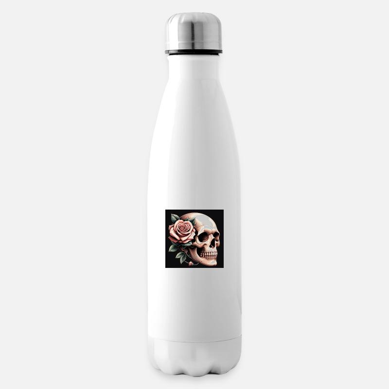 Totenkopf mit rosa Rose - Isolierflasche - Weiß