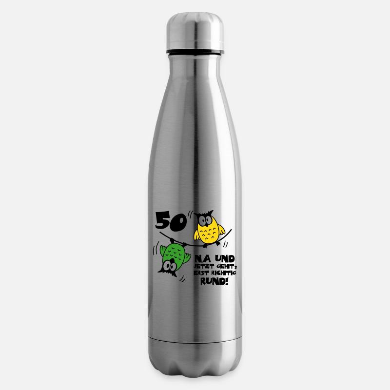 Geburtstag 50, Eulen am Drahtseil, rund - Isolierflasche - Lightsilver