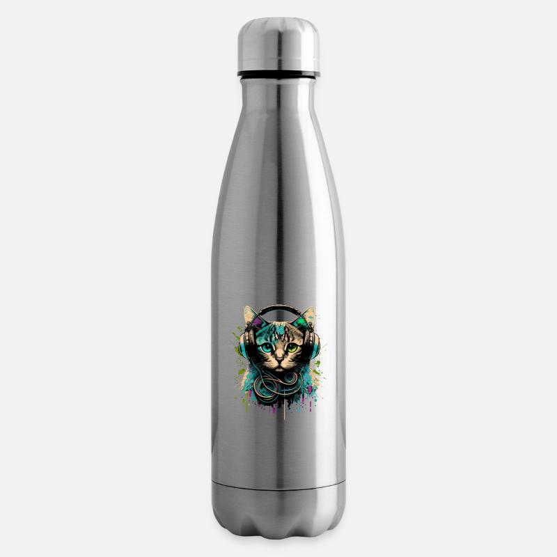Katze mit Headset - Isolierflasche - Lightsilver