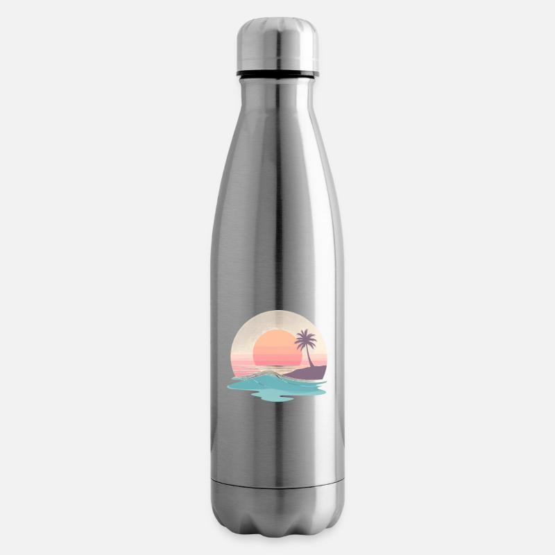 Retro Sunset Beach & Palm Tree - Insulated Water Bottle - silver
