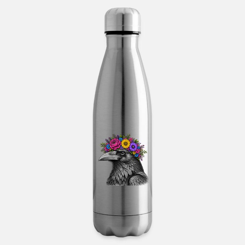 Crow's Head with Flower Crown - Insulated Water Bottle - silver