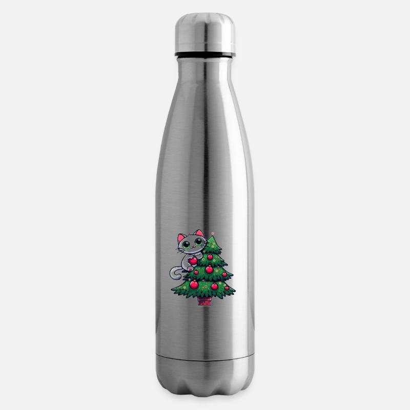 Chat mignon Noël bande dessinée arbre de Noël - Bouteille isotherme - argent clair