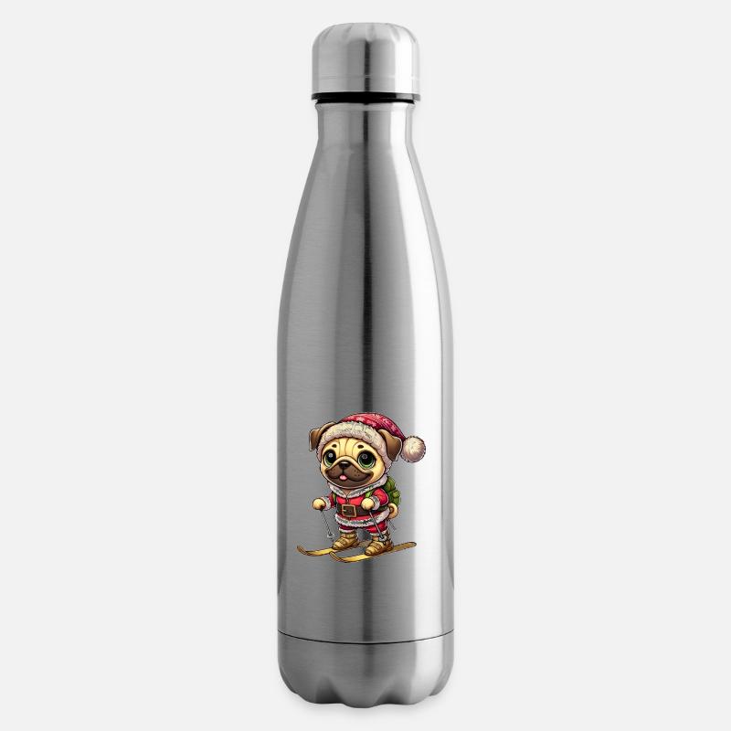 Mops auf Skiern Winter Spaß Weihnachten - Isolierflasche - Lightsilver