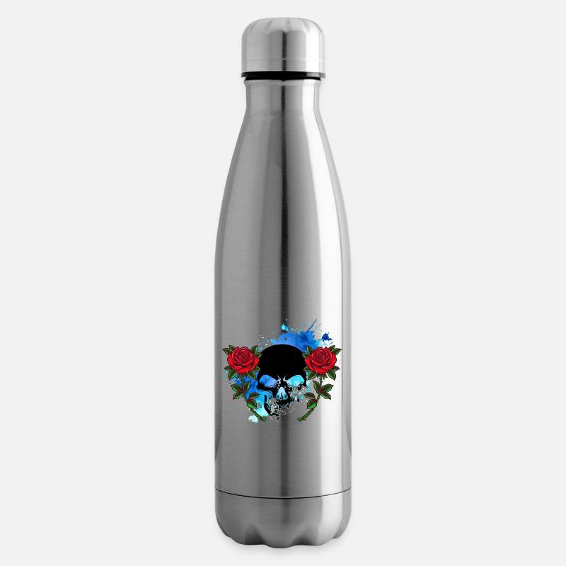 Tête de mort Skull Crâne de mort Rose Fleurs Splash - Bouteille isotherme - argent clair