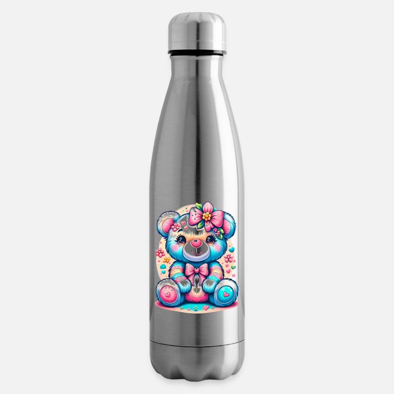 Bunter Teddybär - Farbglanz & Herzdetails - Isolierflasche - Lightsilver