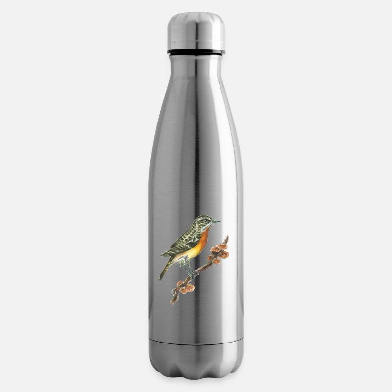 Whinchat / oiseau / champignons - Bouteille isotherme - argent clair