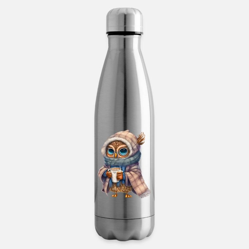 Nette Eule mit Kaffee - Isolierflasche - Lightsilver