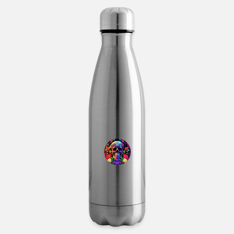 Crâne coloré avec des fleurs - Bouteille isotherme - argent clair